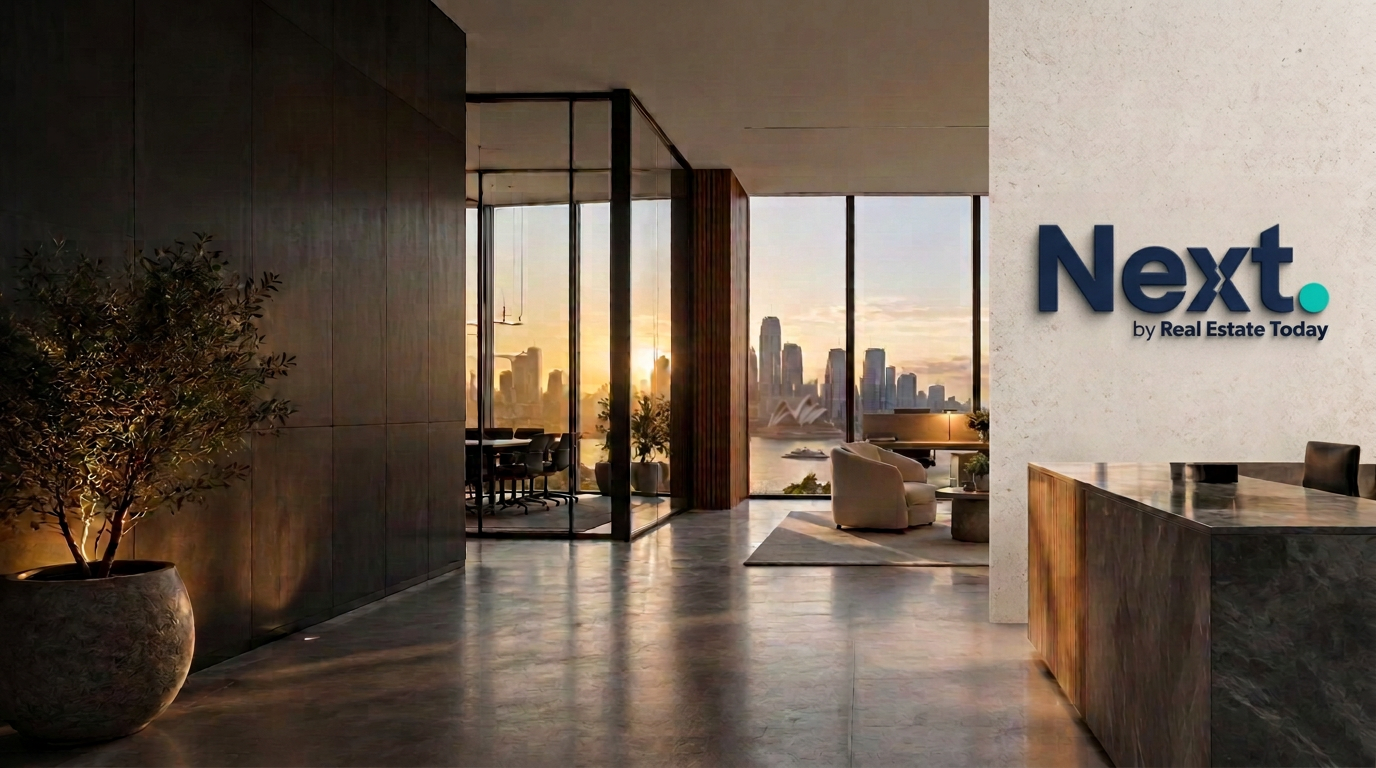 Next. by Real Estate Today logo on the wall of a contemporary Australian real estate workplace